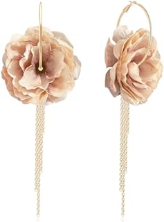 Bohemian Vacation Fabric Flower Dangle Earrings with Gold Tassel, Handmade Alloy Lever Back Design - Ideal for Elegant Summer Look