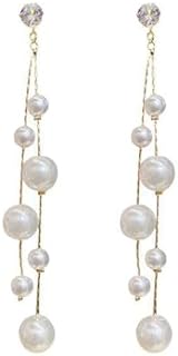 Double Layer Pearl Drop Dangle Earring Gold Long Tassel Pearl Earrings Tiny Pearl Chain Earrings for Women Girls