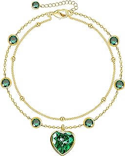 G&GEMSJEW Heart Ankle Bracelet for Women, 14K Gold Plated Handmade Dainty Layered Rhinestone Anklet Gold Beaded Chain Anklet 10", Cubic Zirconia Summer Beach Foot Chain Ankle, Multi-color Optional