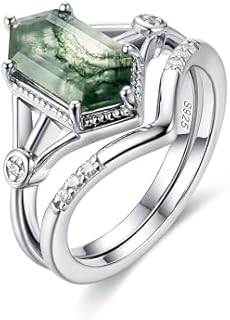 Natural Moss Agate Gemstone Rings for Women Solid 925 Sterling Silver Rings for Women Trendy Hexagon Engagement Wedding Ring Gift