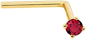 Jewelry Avalanche 22G Solid 14Kt Gold L-Shape Nose Stud with real Ruby Gemstone, 14kt Yellow Gold or 14kt White Gold Prong Setting - July Birthstone Nose Ring