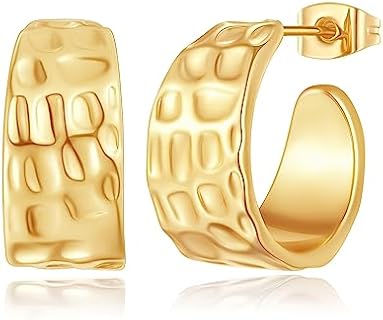 14K Gold-Plated Chunky Hoop Earrings with Push Back Closure for Women - Timeless Design Brass Jewelry Piece