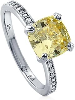 BERRICLE Sterling Silver Solitaire Wedding Engagement Rings 3 Carat Canary Yellow Cushion Cut Cubic Zirconia CZ Ring for Women, Rhodium Plated Size 4-10