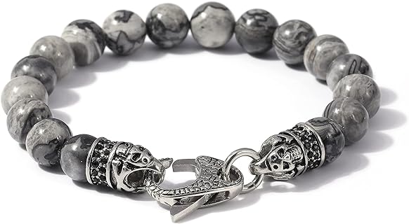 Mens Beaded Bracelets Gifts: 10mm Jasper Mens Bracelet Beads with Stainless Steel Skull Design and Lobster Clasps as Mens Jewelry Gift of Anxiety Bracelets