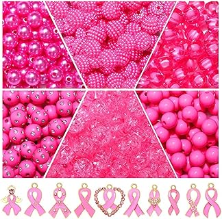 YAHPERN Breast Cancer Awareness 200PCS Pink Acrylic Beads and Charms for DIY Jewelry Making, Ribbon Pendants Design, Ideal for Bracelets, Necklaces, Earrings