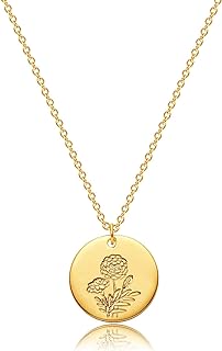 Dremmy Studios Birth Month Flower Pendant Necklace 18K Gold Plated Dainty Simple Month Birth Floral Disc Pendant Engrave Coin Necklace Minimalist Delicate Custom for Mom Daughter Gift for Her