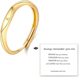 14k Gold Plated Stackable Initial Letter Ring, Adjustable Design with No Gemstone, Stylish Copper Pinky Jewelry Gift for Women and Teen Girls