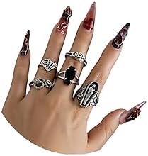 Vintage Gothic Ring Set for Women Teen Girls Dark Blood Demon Eye Cross Spider Snake Skull Head Bat Heart Shaped Mummy Finger Ring Chunky Rings Aesthetic Stackable Gothic Ring Adjustable Boho Rings Set Jewelry