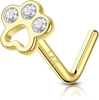 COCHARM 14K Solid Gold Paw Nose Stud 20g Yellow Gold L Bend Nostril Nose Stud 7mm Long Dog Paw Print Nose Piercing 14kt Real Gold Bone Nose Stud Ring Hypoallergenic Press Fit Nose Jewelry