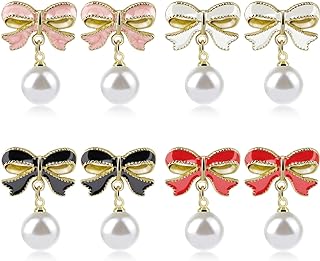 Gold Bow Earrings Silver Dainty Statement Earrings, Cute Ribbon Stud Classic Heart Dangle Earrings Elegant Stylish Tassel Pearl Drop Earrings Fashion Jewelry Gifts for Women Girls