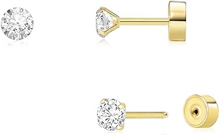 Threadless Flat Back Earrings, Hypoallergenic 14K Real Gold Plated CZ Stud Earrings | Cartilage Earring | Tragus Helix Piercing Jewelry | Push in Flatback Earrings for Women Men Girls