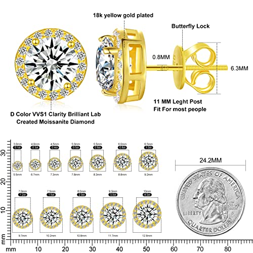 Moissanite Halo Earrings Stud Screw Back 0.2-8.0ct 3-8mm 18K White Gold Plated 925 Sterling Silver Lab Round Cut Brilliant D Color VVS1 Clarity Moissanite Diamond Stud Earrings for Women Girls Men