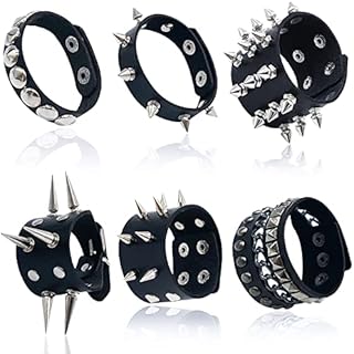 Spike Cuff Bracelet Set with Spring Ring Clasp for Men & Women - Punk Riveted Wristbands in Leather & Metal