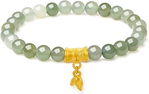 24K Solid Gold Green Jade Bead Bracelet, Pure Gold Elastic Fortune Bracelet, Stretchable Real Gold Green Jade Bead Bracelet for Women Teens Girl