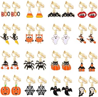 16 Pairs Clip on Halloween Earrings for Women Teen Girls Halloween Clip on Dangle Earrings Set Spooky Ghost Pumpkin Spider Bat Black Cat Witch Fall Earrings Jewelry