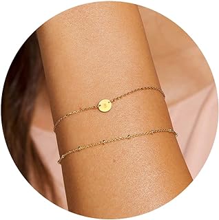Dainty    Layered Beaded Letter Bracelet Personalized 26 Alphabet Disc Charm Bracelet for Girls     Teen Girls Her 14k Gold Plated