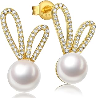 Screw Back Sterling Silver Black Cat Stud Earrings with 7.5MM Freshwater Pearl for Women and Girls - Cute Animal Design