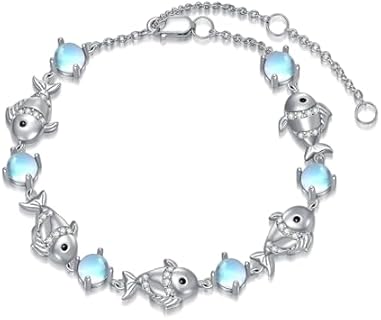 Agate Moonstone Fish Cuff Bracelet in Sterling Silver with Lobster Claw Clasp for Women Fish Jewelry Lovers