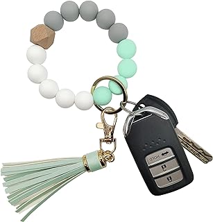 FIVWIN Women's Beaded Silicone Keychain Bracelet - Elegant Wristlet Keyring Holder with Gold Metal Clasp, Wooden Hexagon Bead & Leather Tassel Design
