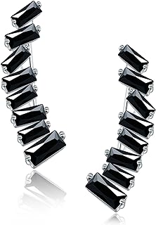 Sterling Silver and 14K White Gold Plated Climber Design Ear Cuff Earrings with Squared Cubic Zirconia Gems for Women & Girls by AMORAMOR & FOREVER