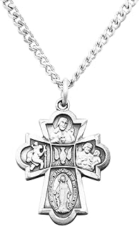 Catholic Four Way Cross Pendant Necklace with Spring Ring Clasp, for Religious Devotees, Heart/Miraculous Medal Design by Rosemarie Collections