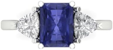 3.0 ct Emerald cut 3 stone Solitaire Genuine Simulated Tanzanite Engagement Promise Anniversary Bridal Ring 18K White Gold