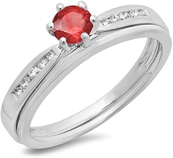 14K White Gold Ruby & Diamond Bridal Set - Round-Cut Wedding Ring and Matching Band Set, Size 4