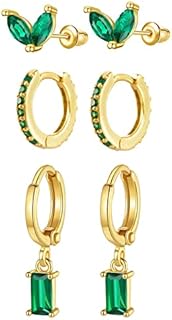 3 Pairs Gold Huggie Earrings for Women Emerald Green Earrings 14k Gold Cartilage Tiny Small Gold Hoop Earrings Emerald Baguette Drop Stud Earring Set Women