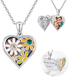 Cubic Zirconia Adorned 4-Picture Daisy Locket Necklace - Sterling Silver with Rolo Chain and Lobster Clasp for Women