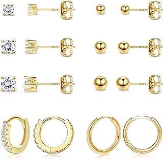 FASACCO 14K Gold Stud Earrings 925 Sterling Silver Stud Earrings Set for Multiple Piercing Hypoallergic Tiny Hoop Stud Earrings