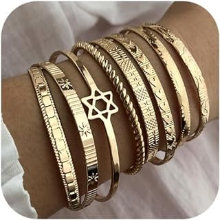 Layered Boho Gold Bangles Set with Lobster Claw Clasp, Hexagram Bracelets for Women