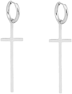 Minimalist Long Cross Dangle Earrings for Men and Women in Stainless Steel with Clutchless Back Finding and Small Hoop Design