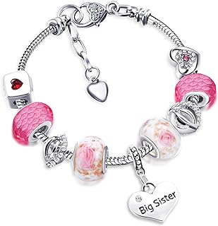Hicarer Big Sis Charm Bangle Set - Shiny Ladies' Bracelet Adorned with Crystals, Love Engraved Silver Beads and Adjustable Snake, Box, or Rope Chains - Comes in a Unicorn Gift Box Set