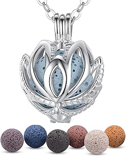 Copper Essential Oil Bead Necklace with Lobster Clasp, Lava Rock Gem, for Women and Girls, Lotus Flower Design