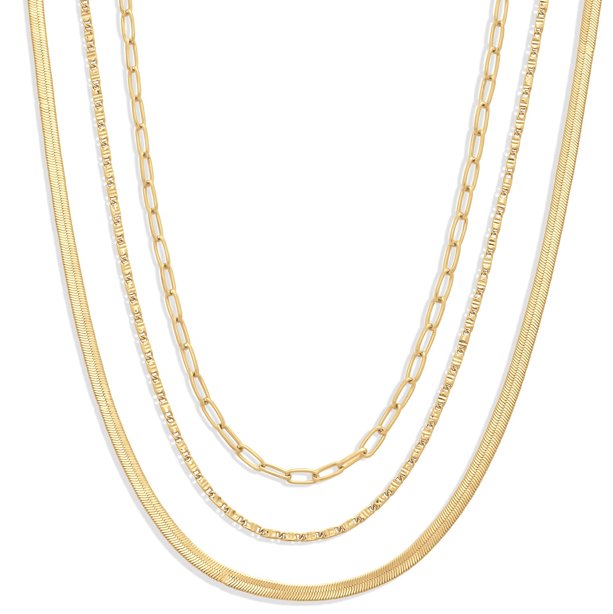 Amazon Essentials 14K Paperclip, Station and Herringbone Chain 3 Row Layered Necklace 16" 18" 20"