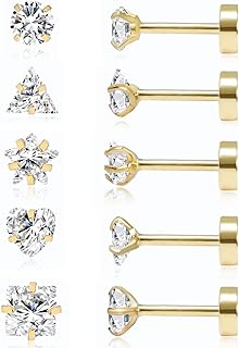 14K Gold Plated Stainless Steel Flat Back Stud Earrings Set with Cubic Zirconia for Women, Includes Round, Star, Square, Heart and Triangle Designs