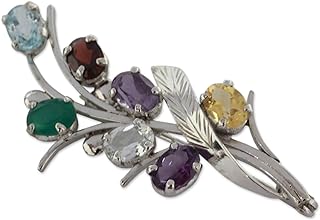 NOVICA Handcrafted Sterling Silver Brooch Pin Adorned with Amethyst, Citrine, and Blue Topaz Multi Gemstones, Detailed Floral Design from India with Secure Pin Clasp