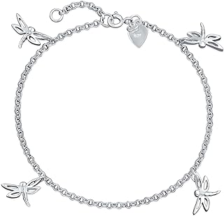 Bling Jewelry Nature Garden Multi Dangle Charm Dragonfly Firefly Butterfly Anklet Foot Ankle Bracelet For Women Teens .925 Sterling Silver Adjustable 9 To 10 Inch