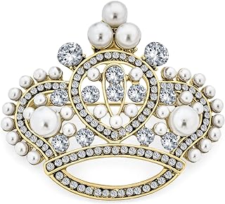 Vintage Style Bridal Large Statement Fashion Crystal Leaf Flower White Simulated Pearl Wedding Regal Queen Princess Royal Crown Brooch Pin For Women Silver Gold Tone Rhodium Plated Brass