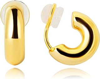 Clip on Small Chunky Hoop Earrings for Women Girls, 14K Real Gold Plated Hoop Fake Piercing Earrings, Non Pierced Earrings Gold Silver