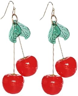Women's Cherry Drop Earrings with French Wire Back Finding and Alloy Gem, 18K Gold Plated, Designed with Green Leaf Tassel - Fun and Whimsical Dangle Jewelry