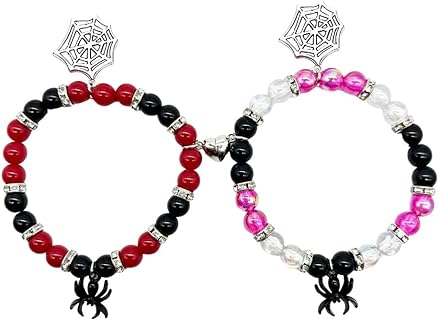 JczR.Y Halloween Spider Beaded Bracelets for Couples with Bead Chain and Spring Ring Clasp, No Gemstone, Resin/Zinc, Set of 2