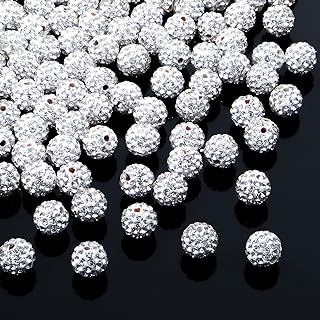 Hicarer Crystal Rhinestone Clay Beads, 10mm Round Diamond Charms for DIY Necklace & Bracelet Creation, White Glass & Stone Blend - 120 Piece Set with Plastic Storage Box