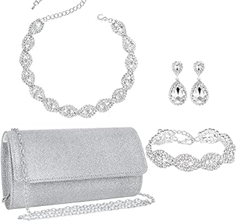 3/4 Pieces Gold Silver Clutch Purses Jewelry Set for Women, Rhinestone Crystal Statement Necklace Teardrop Dangle Earrings Link Tennis Bracelet Costume Jewelry Evening Bag Handbag Crossbody Envelope for Bridal Wedding Party