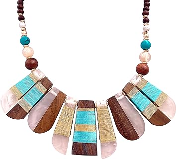 Lizzie Kay Fused Resin Wood Chunky Bead Boho Bib Statement Necklace for Women