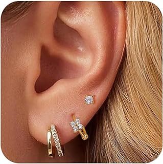 Minnario 14k Gold Plated S925 Sterling Silver Post Stud Earrings for Women Dainty Earrings Hypoallergenic Stackable Cartilage Earring Sets for Multiple Piercing Small Hoop Earrings Gift for Her