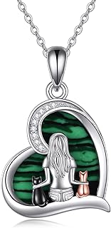 YFN Sterling Silver Cat Pendant Necklace with Created Malachite Gemstone and Cable Chain for Women and Girls