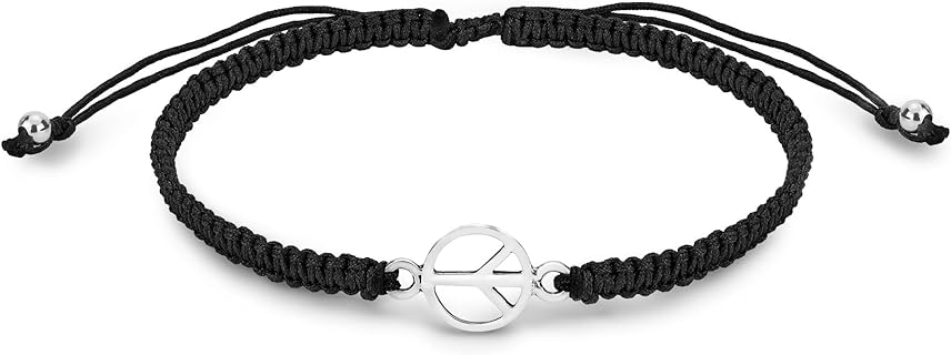 AeraVida Dainty Mini Peace Sign Sterling Silver Charm Black Rope Adjustable Bracelet | Classic Sterling Silver Bangle Bracelet | Vintage Bangle Bracelets for Women | Sterling Silver Bracelets |