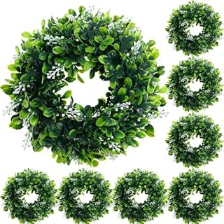 Yuxung Faux Boxwood Wreath Set with White Flowers for Wall, Door, Wedding Decor - Round Greenery Candle Rings Design - Pack of 8