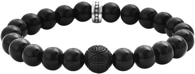 Geoffrey Beene Natural Stone Elastic 9mm Beaded Bracelet with Black Good Fortune Piece